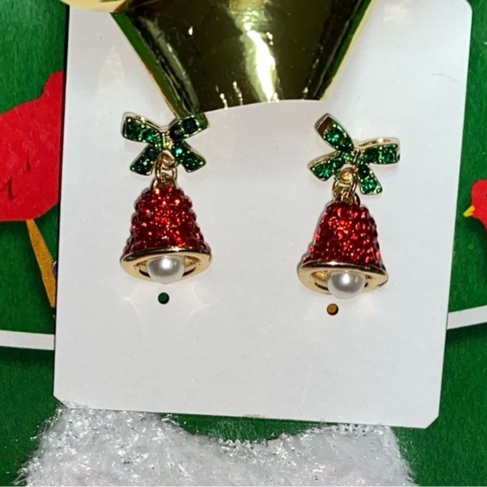 HOLIDAY BELLS | Faux Pearl and Bows Post Earrings | Rhinestones in Golden Metal